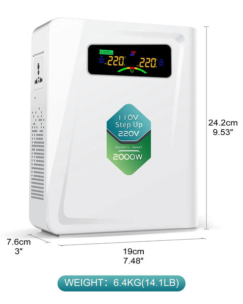 Ultra Quiet 2000W Step Up Voltage Converter 110V to 220V for US Homes, white compact design with digital display