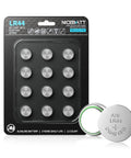 Grab This Dope 12 Pack A76 357 303 LR44 SR44 Alkaline Button Cell Batteries 1.5V in packaging with additional battery visible.