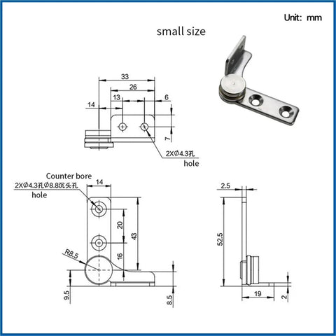 Stainless steel torque-damping positioning hinge with mounting plate; right-hand, 2.0 N·m, 1 pc.