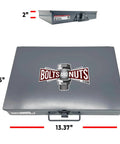 Front view of gray metal storage case for bolts and nuts with Bolts and Nuts logo.