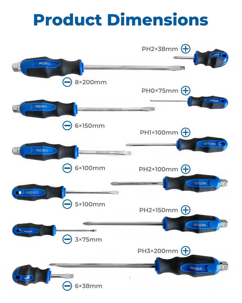 Pro Grade Magnetic Screwdriver Set With Nichrome Tips 12 Piece Kit showing different sizes, steel blades, and ergonomic handles.