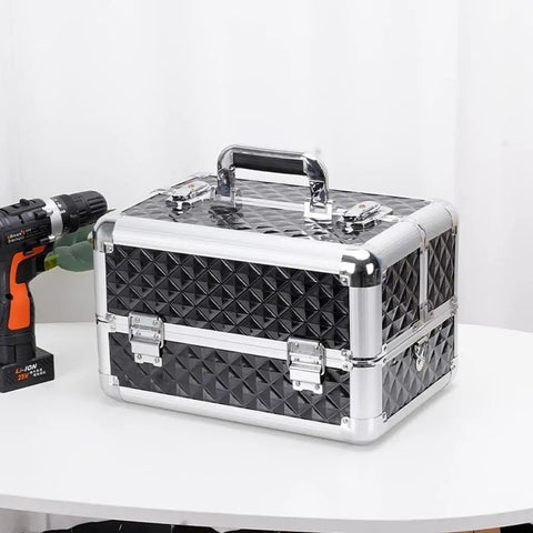 Three Layer Aluminum Toolbox Built Tough With Folding Design And Four Lift Trays For Easy Access Roomy Storage Lightweight Portable Tool Organizer For Home Garage Jobsite Ready On The Go.