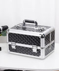 3 Layer Aluminum Toolbox Organizer Folding Portable Tool Box With Four Lift Trays, lightweight aluminum, black geometric design