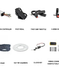 Components of 36V 1000W Brushless DC Mid Motor Kit including twist grip throttle, speed controller, T8F chain for e-bikes and scooters