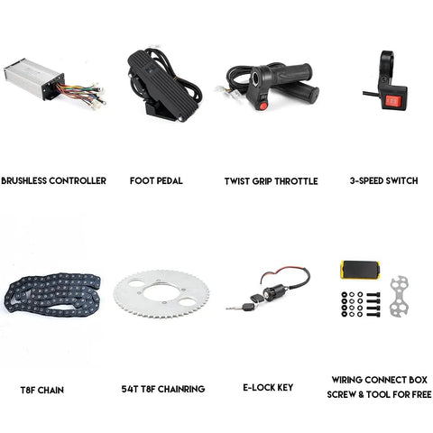 Components of 36V 1000W Brushless DC Mid Motor Kit including twist grip throttle, speed controller, T8F chain for e-bikes and scooters