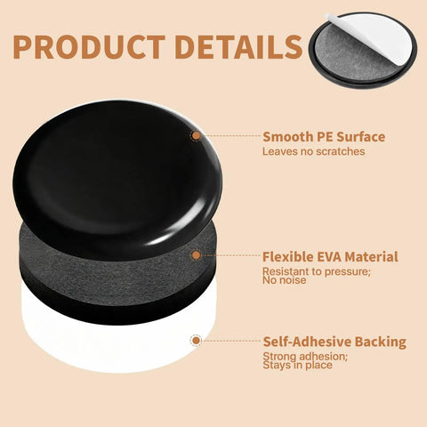 Heavy Duty Self Adhesive Furniture Sliders 36 Piece Set Features Rock Solid Grip For No Sweat Moving And Smooth Gliding On Wood Or Carpet Floors Super Durable Build, showing layers of smooth PE and EVA materials.