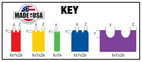 Color-coded key showing various notch shapes for the 'Two Sided U Shaped Notched Trowel With Aluminum Shank Riveted To A Steel Blade'.