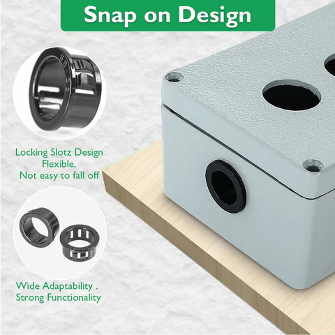 Knockout Grommet Kit With Snap In Nylon Bushing Grommets, secure snap design in metal panel for cable protection