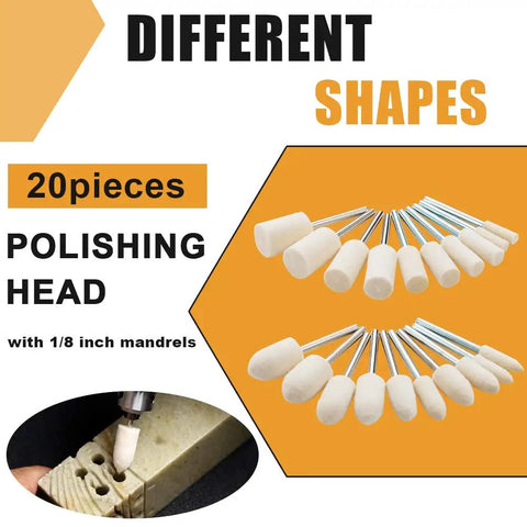 20-piece polishing head set with 1/8 inch mandrels from 80 Piece Polishing Buffing Wheel Set With 1/8 Inch Shank For Jewelry Metal Polishing Pro Grade Rotary Tool Kit Includes 15 One Inch Wheels 35 Half Inch Wheels 10 Conical Heads 10 Cylindrical Heads And 10 Mandrels