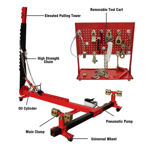10 Ton Beefy Car Frame Puller Set with elevated pulling tower, high strength chain, and removable tool cart for collision repair