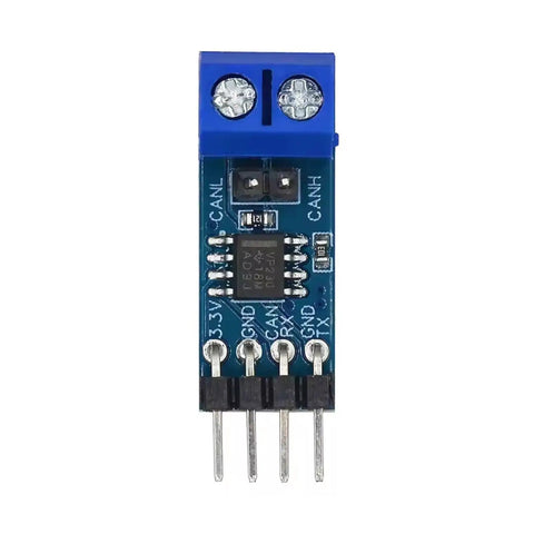 SN65HVD230 Can Bus Transceiver Module runs on 3 point 3 volts, 27x10.3mm blue PCB for embedded systems.