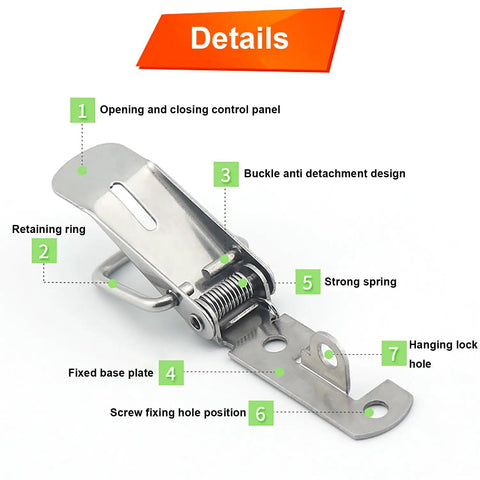 4 Pack Beefy, Heavy Duty Spring Loaded Toggle Latch Catch Set In 304 Stainless Steel shown with detailed parts labeled.