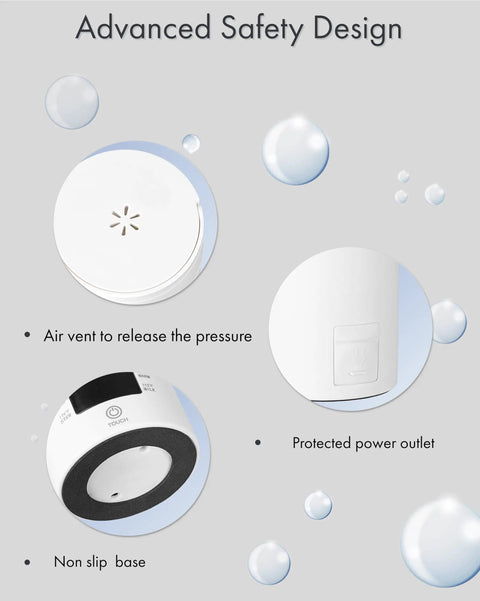 Travel Kettle With Twist Lid 450ml Portable Mini Electric Kettle For On The Go Tea And Coffee 4 Smart Temp Presets Auto Shut Off Leak Resistant Stainless Steel BPA Free 304 showing air vent, non-slip base, and protected power outlet features