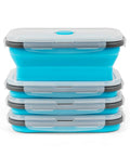Stacked blue Collapsible Silicone Food Storage Set With Lid And Air Vent For On The Go, Foldable Lunch Containers, four-piece, 27oz