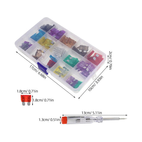 100 Piece Car Fuse Kit With Tester And Puller For Cars Trucks Boats And More DIY Ready For Quick Diagnostics And Safe Electrical Maintenance In The Shop Or On The Road showing assorted fuses in a plastic box and a tester with puller