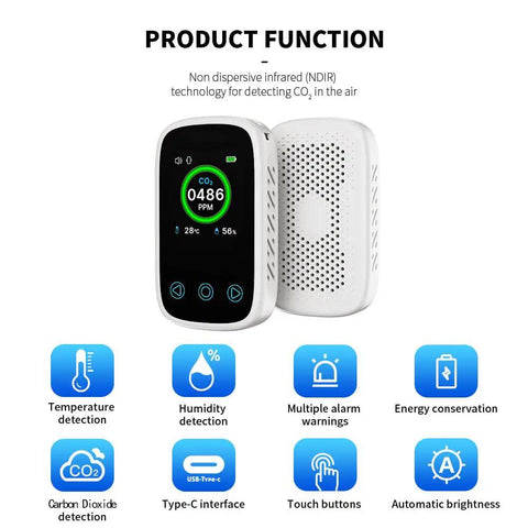 Portable CO2 Monitor And Sensor With Real Time CO2 Temperature Humidity And Pressure Three In One Air Quality Meter display