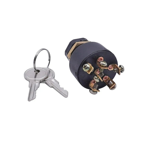 Ignition switch with two keys on a ring, featuring metal terminals, designed for vehicle or equipment security.