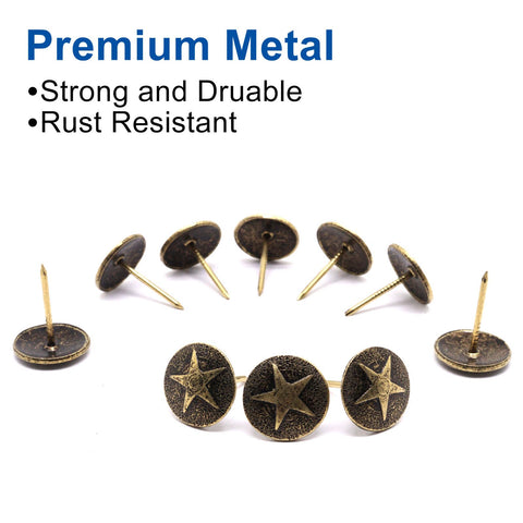 Top Shelf 100 Piece Star Bronze Furniture Tacks With Rust Proof Finish And Sleek Vintage Vibe For Straight Up Wood Repair And Sweet Upholstery Upcycling Work, showing premium metal tacks with star pattern.