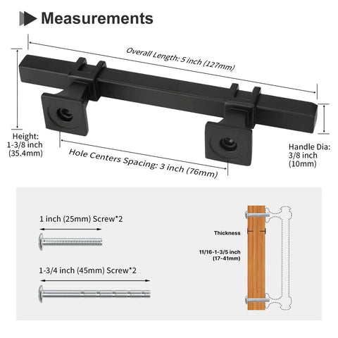 Diagram showcasing 10 Pack 3 Inch Matte Black Cabinet Handles Square Tube Pulls For Cabinets And Drawers with measurements