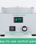 Rock Solid Wet Bench Grinder And Variable Speed Electric Sander With Three Diamond Grinding Discs control panel displaying voltage and speed settings.