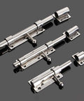 Heavy Duty Stainless Steel Barrel Bolt Latch Built Tough Silver Slide Lock For Outdoor Patio Gates, three sizes displayed.