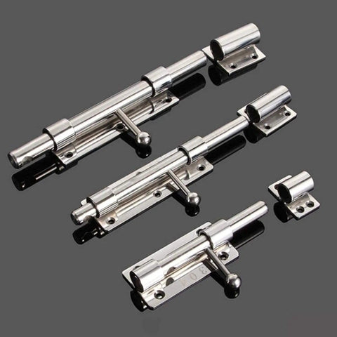 Heavy Duty Stainless Steel Barrel Bolt Latch Built Tough Silver Slide Lock For Outdoor Patio Gates, three sizes displayed.
