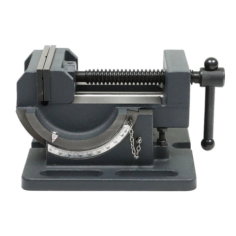 3 Inch Drill Press Vise With 0 To 90 Degree Tilting Angle Iron Cradle Style Clamp visible from the side on white background