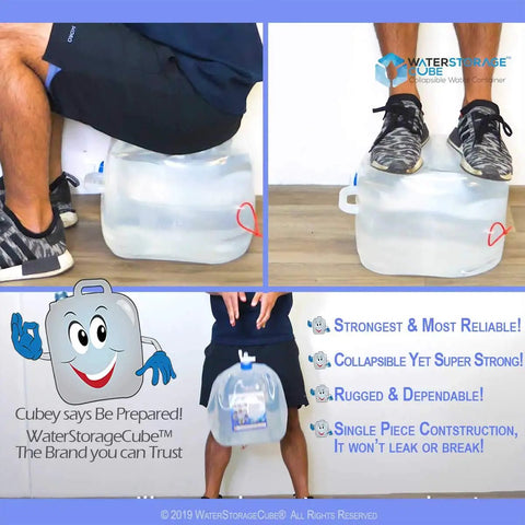 BPA Free Collapsible Water Container With Spigot For Your Go To Camping And Outdoors Setup Food Grade Portable Water Storage Carrier Jug For Hiking And Emergencies Foldable Canteen 5.3 Gal 2 Pack being sat on and stood on to demonstrate strength.