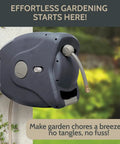 100 Ft Retractable Hose Reel With Wall Mount, Auto Rewind, Slow Rewind Tech installed on exterior wall, charcoal finish