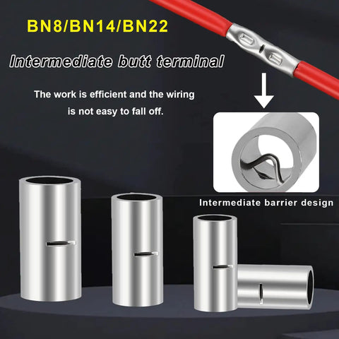 80 Piece Non Insulated Butt Connectors Kit 4 6 8 AWG With Heat Shrink Tubing showcasing design of intermediate butt terminal.