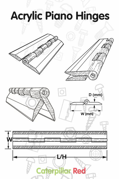 Black Acrylic Piano Hinges 300 Millimeter 3 Pack Heavy Duty Continuous Full Length Hinges with detailed diagrams