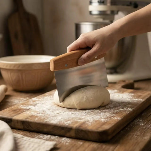 Heavy Duty Stainless Steel Dough Cutter And Bench Scraper Kitchen Essential For Nailing Cookie Dough Pastry Pie Crusts, cutting dough on wooden board.