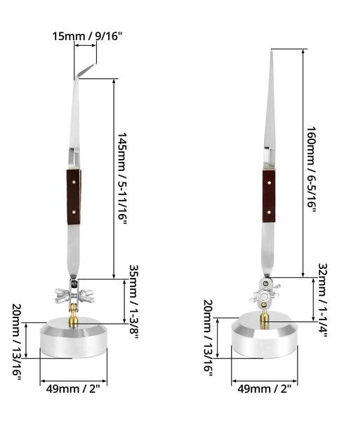Dimensions of Two Pack Third Hand Tweezers with straight and curved tips, cross-locking clamps, and 360 degree rotating base