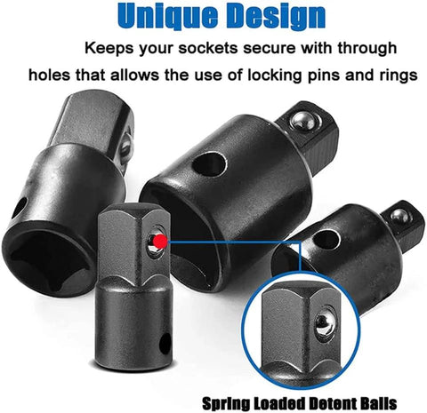 Impact socket adapters set: four black Cr-V adapters, 1/2 in female to 3/8 in male with spring-loaded detent balls