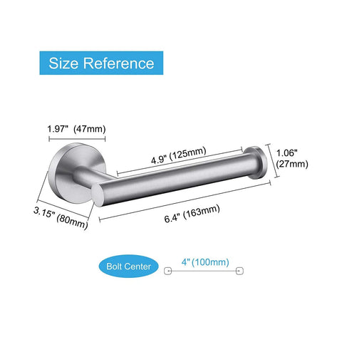 Brushed Nickel Toilet Paper Holder Wall Mount In SUS304 Stainless Steel, dimensions reference. Fits 5 Inch Mega Rolls.