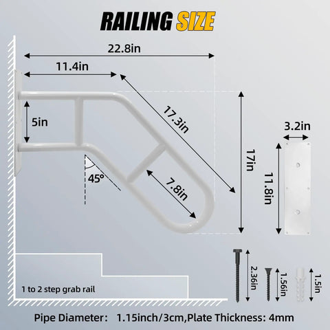 Rock Solid Outdoor Handicap Grab Bar For Steps Heavy Duty Wall Mount Handrail With Smooth Matte Finish and dimensions labeled.