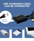 5 Pack 3.7V 500mAh LiPo Batteries With 5-In-1 USB Charger shown connecting to various devices via USB