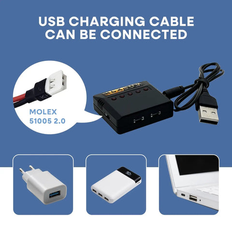 5 Pack 3.7V 500mAh LiPo Batteries With 5-In-1 USB Charger shown connecting to various devices via USB