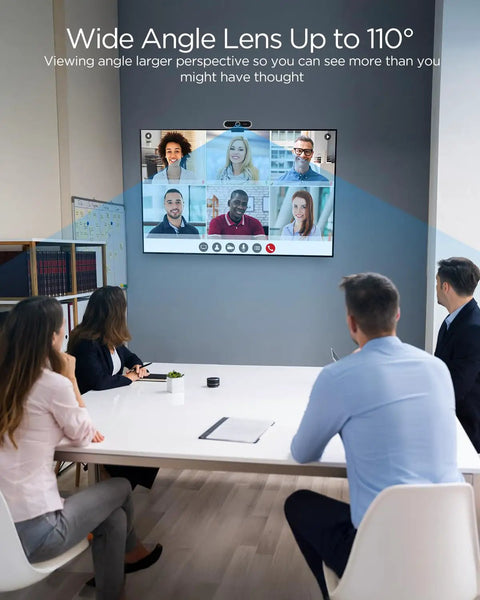 Solid 1080P Web Cam With Built In Mic And Privacy Cover For Usb PC Or Laptop in a conference room setup.