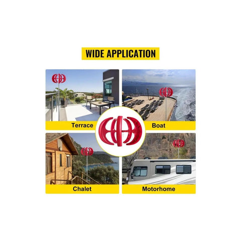 400W Wind Turbine Generator Kit shown on terrace, boat, chalet, motorhome for home and marine use