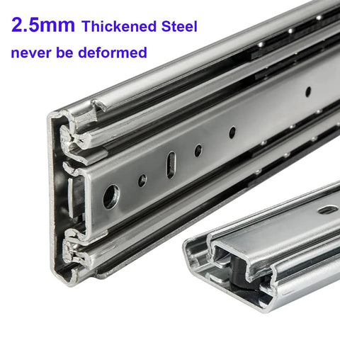 Close-up of Pair Of 60 Inch Heavy Duty Drawer Slides With Full Extension And 500 Lb Load Capacity, zinc plated steel.