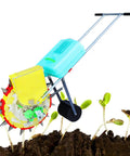 Walk Behind Garden Seeder With Ten Seed Plates For Precise Row Planting And Even Seed Spacing in use on sprouting soil