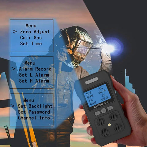Hand holding a 4 Gas Portable Monitor With Rechargeable Battery And LCD Display Detects H2S O2 CO And LEL Four Gas Detector