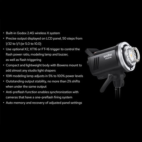 MS300-V Compact Studio Strobe Flash Light With 300W Power GN58 0.1-1.8S Recycle Time 2.4G X System Bowens Mount LED Modeling Lamp For Portrait Photography And Studio Shoots Wireless Remote Control For Easy Power And Lamp Tweaks on black background