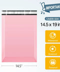 Self Seal Poly Mailer Bags, 100 Pack, Fourteen Point Five By Nineteen Inch Tearproof Shipping Envelopes In Light Pink shown flat with dimensions