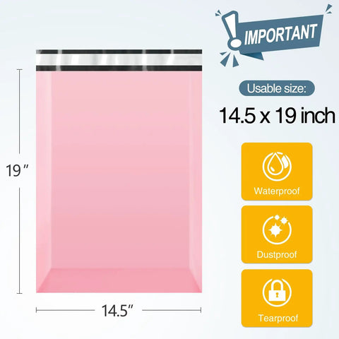 Self Seal Poly Mailer Bags, 100 Pack, Fourteen Point Five By Nineteen Inch Tearproof Shipping Envelopes In Light Pink shown flat with dimensions