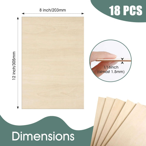 Front view of 8x12 inch basswood sheet, 1/16 inch thick (≈1.5 mm), 18-pack unfinished wood sheets