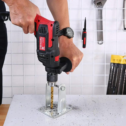 Person using 850W Corded Hammer Drill With 1/2 Inch Chuck, 2-in-1 Hammer And Drill For Steel, Concrete, Wood And Plastic on metal stand.