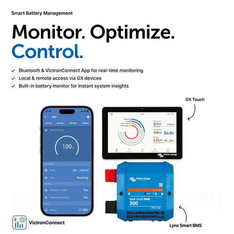 Premium 500A Battery Management System With Bluetooth App Control And Built In Contactor For Rv And Campervan Lithium Banks That Handles Heavy Loads Like A Champ, showing app details and monitoring display.