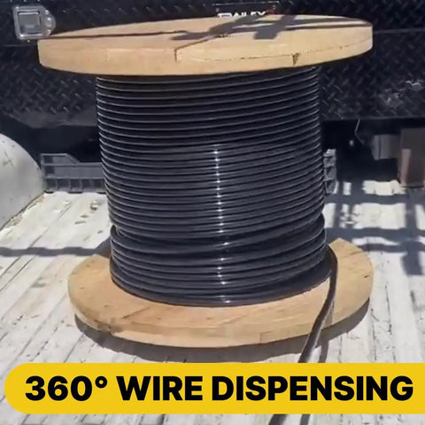 Tug Wise 1000 Lb Heavy Duty Wire Spool Dispenser with Lazy Susan Turntable showing 360-degree cable reel unwinding.